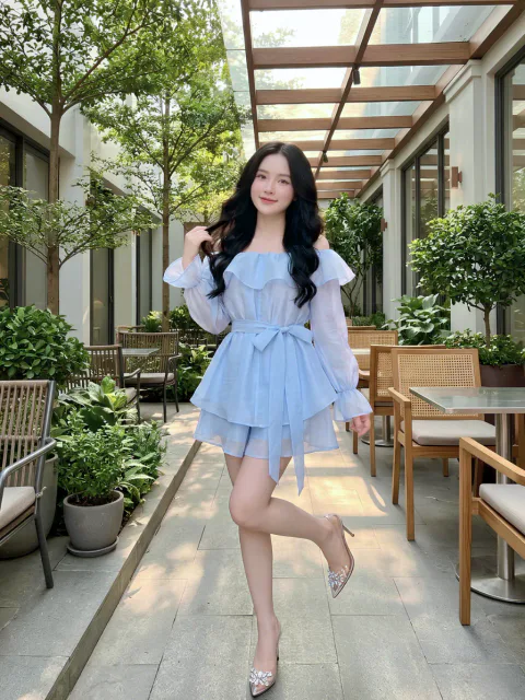 Set Trễ Vai Voan Tơ Xếp Tầng Nhấn Eo Cao Cấp