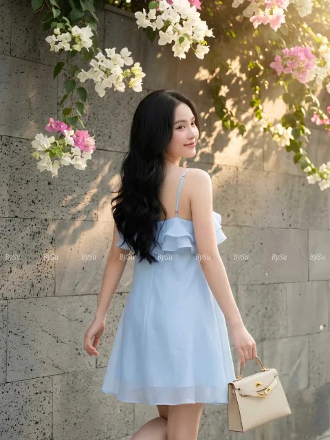 Đầm Tơ Cổ Yếm Phối Bèo Cao Cấp