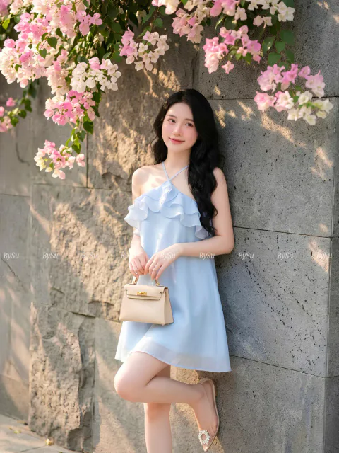 Đầm Tơ Cổ Yếm Phối Bèo Cao Cấp