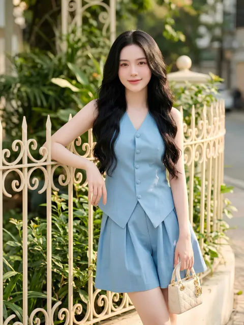 Set Bộ Áo Gile & Quần Short Xếp Ly