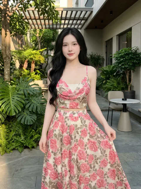 Set Maxi Cổ Đổ Họa Tiết Hoa Hồng Khoe Lưng Trần