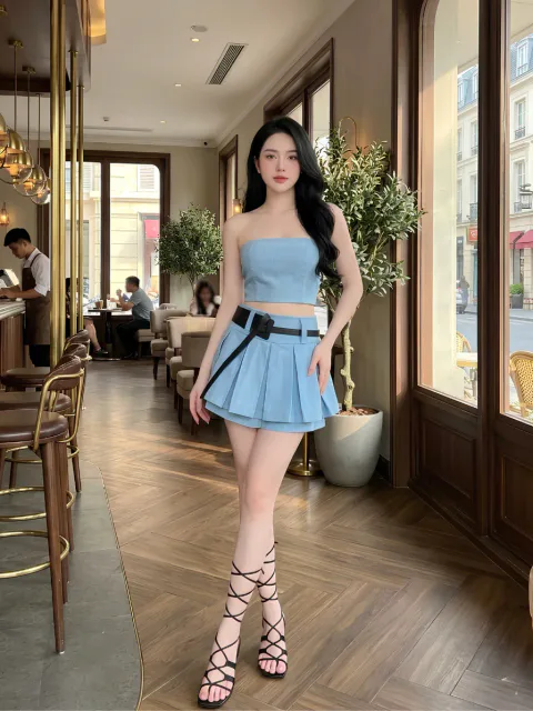 Set Denim Thiết Kế Cúp Ngực Phối Váy Xếp Ly