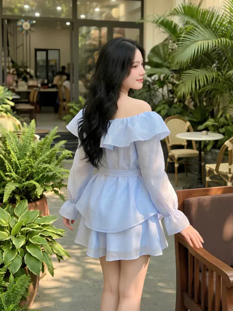Set Trễ Vai Voan Tơ Xếp Tầng Nhấn Eo Cao Cấp