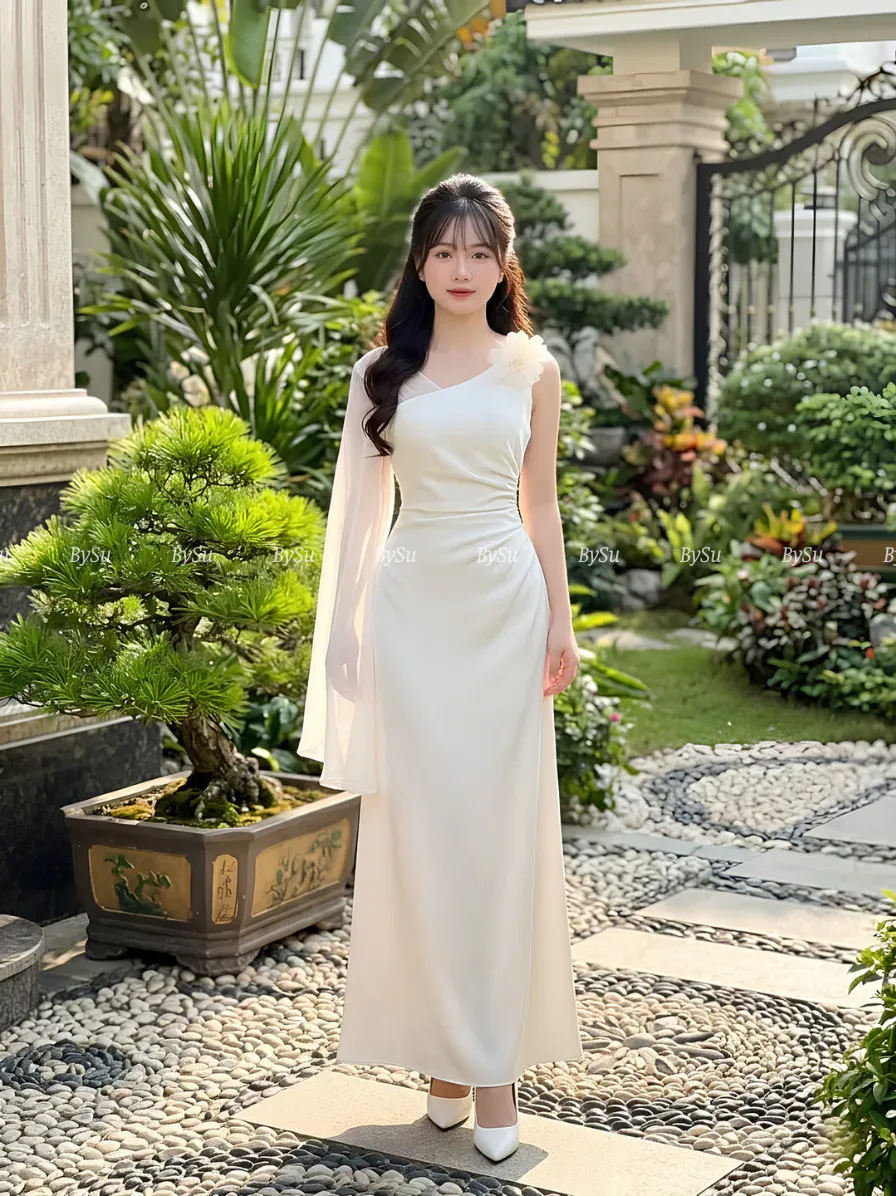 Đầm Lụa Lệch Vai Phối Voan