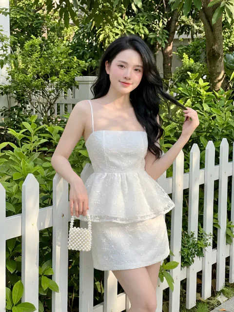 Set Áo Hai Dây Peplum Ren Thêu Hoa Tinh Khôi