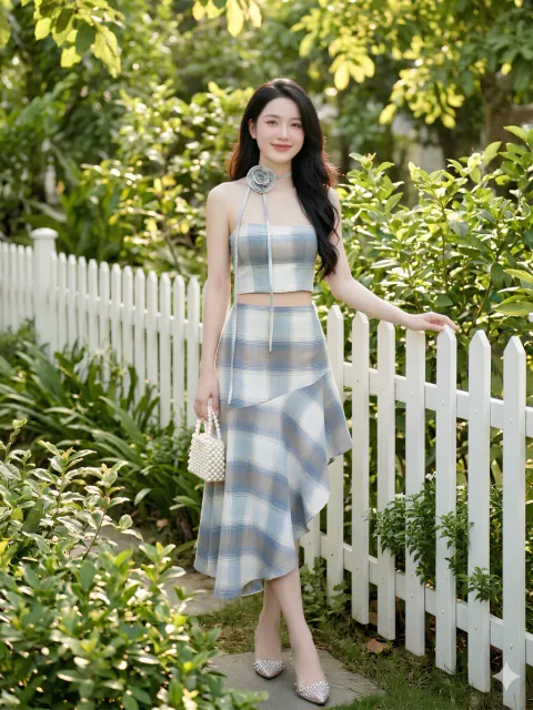 Set Rời Kẻ Pastel Phối Chân Váy Đuôi Cá Tôn Dáng