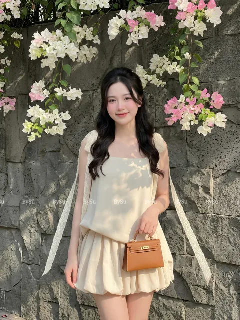 Set Áo 2 Dây Và Quần Bí Linen Cao Cấp