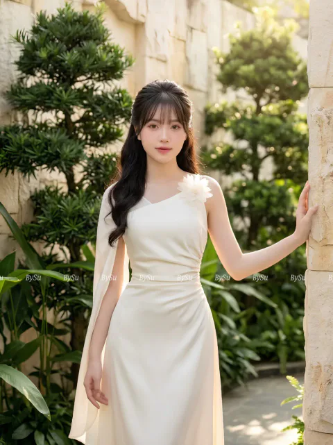 Đầm Lụa Lệch Vai Phối Voan