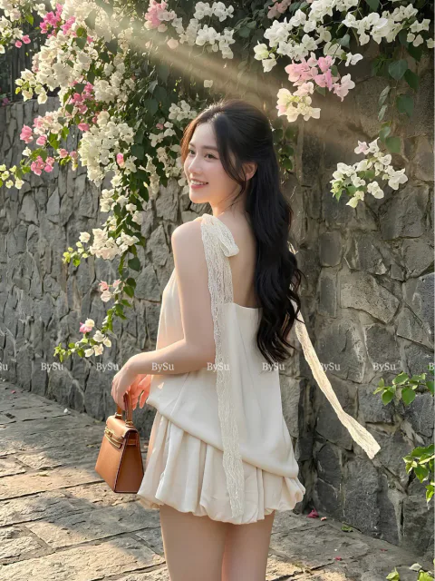Set Áo 2 Dây Và Quần Bí Linen Cao Cấp