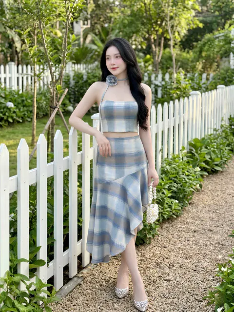 Set Rời Kẻ Pastel Phối Chân Váy Đuôi Cá Tôn Dáng