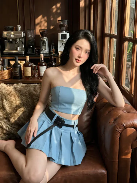 Set Denim Thiết Kế Cúp Ngực Phối Váy Xếp Ly