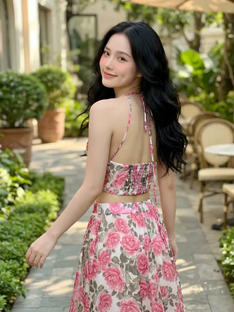 Set Maxi Cổ Đổ Họa Tiết Hoa Hồng Khoe Lưng Trần