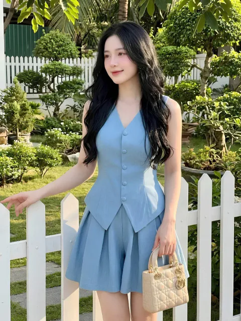 Set Bộ Áo Gile & Quần Short Xếp Ly
