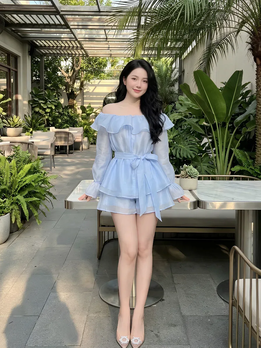 Set Trễ Vai Voan Tơ Xếp Tầng Nhấn Eo Cao Cấp