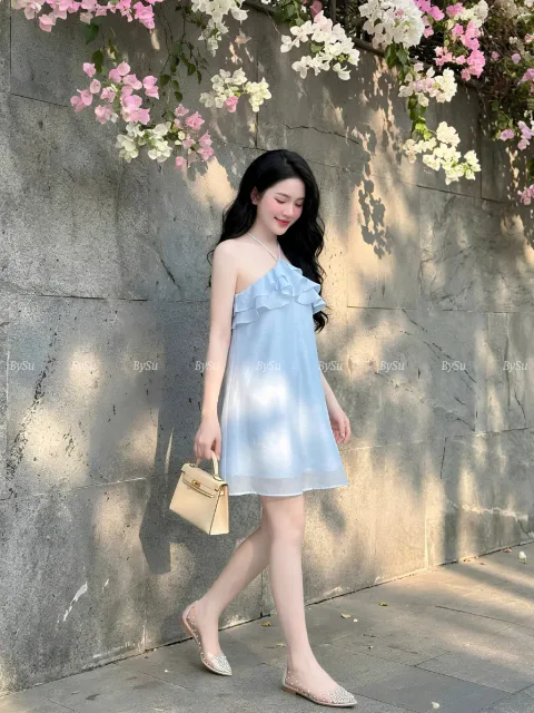 Đầm Tơ Cổ Yếm Phối Bèo Cao Cấp
