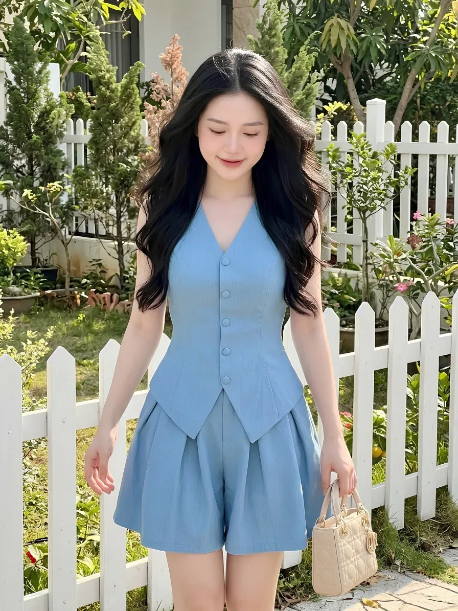 Set Bộ Áo Gile & Quần Short Xếp Ly