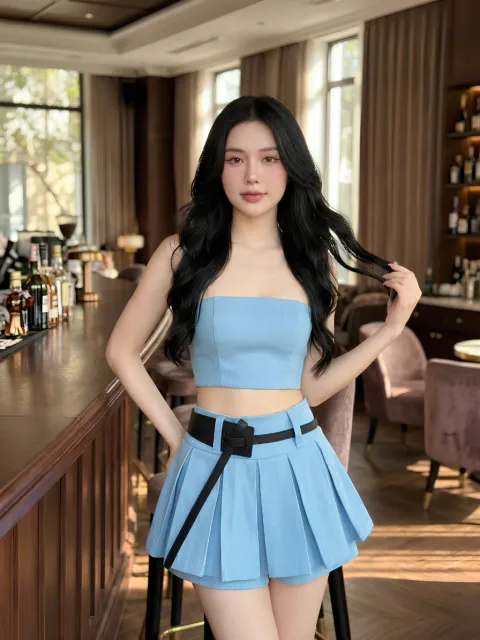 Set Denim Thiết Kế Cúp Ngực Phối Váy Xếp Ly