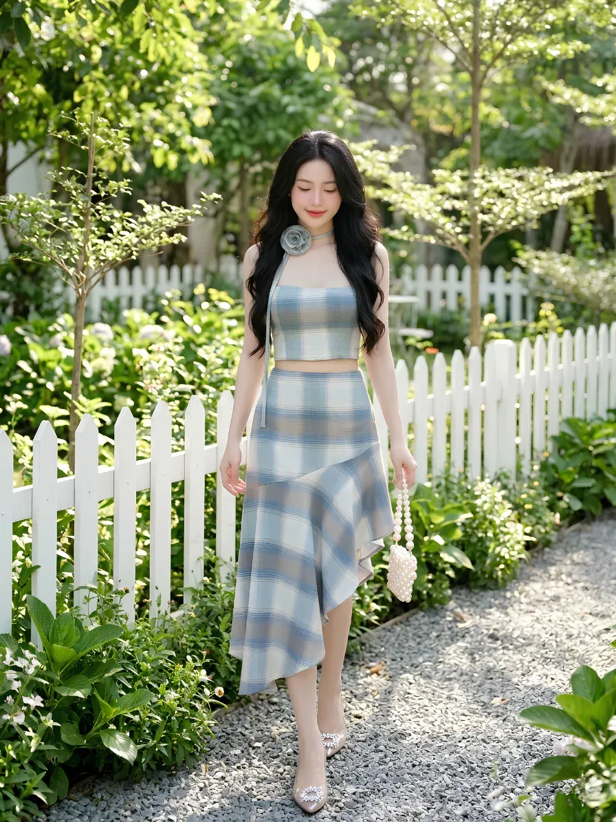 Set Rời Kẻ Pastel Phối Chân Váy Đuôi Cá Tôn Dáng