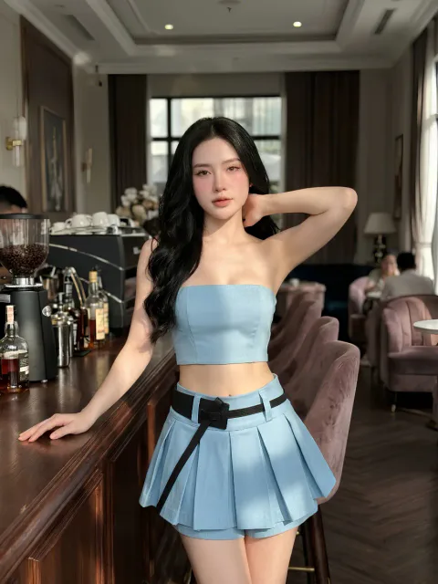 Set Denim Thiết Kế Cúp Ngực Phối Váy Xếp Ly