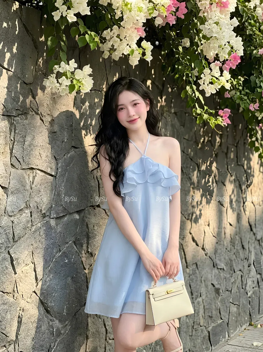 Đầm Tơ Cổ Yếm Phối Bèo Cao Cấp