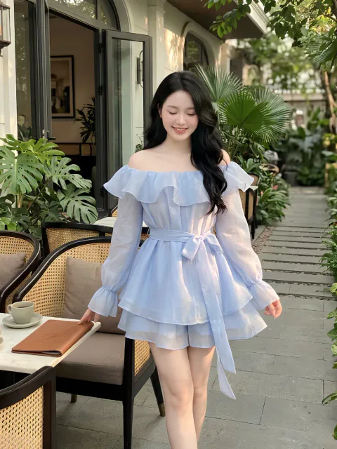 Set Trễ Vai Voan Tơ Xếp Tầng Nhấn Eo Cao Cấp