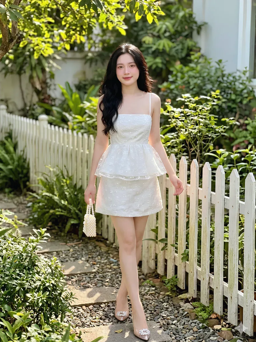 Set Áo Hai Dây Peplum Ren Thêu Hoa Tinh Khôi