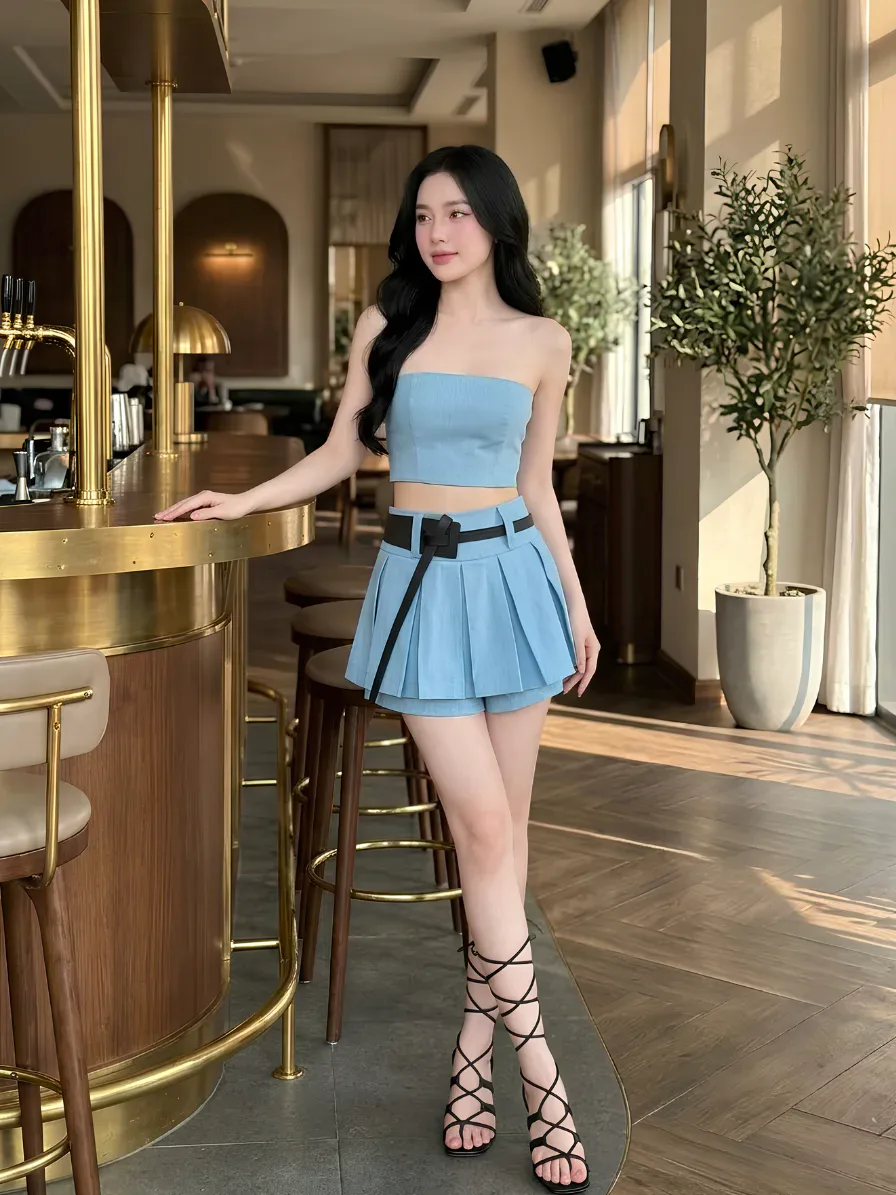 Set Denim Thiết Kế Cúp Ngực Phối Váy Xếp Ly